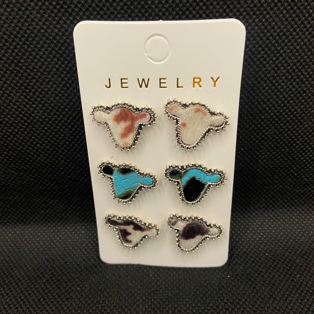 🍀 3/$15 Three Sets Cow Stud Earrings with Leather and Faux Fur